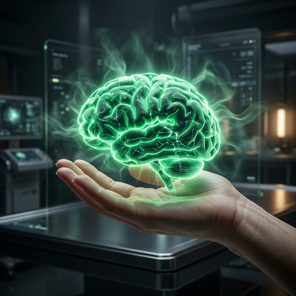 Artistic green glowing brain resting on open palm against a dark background